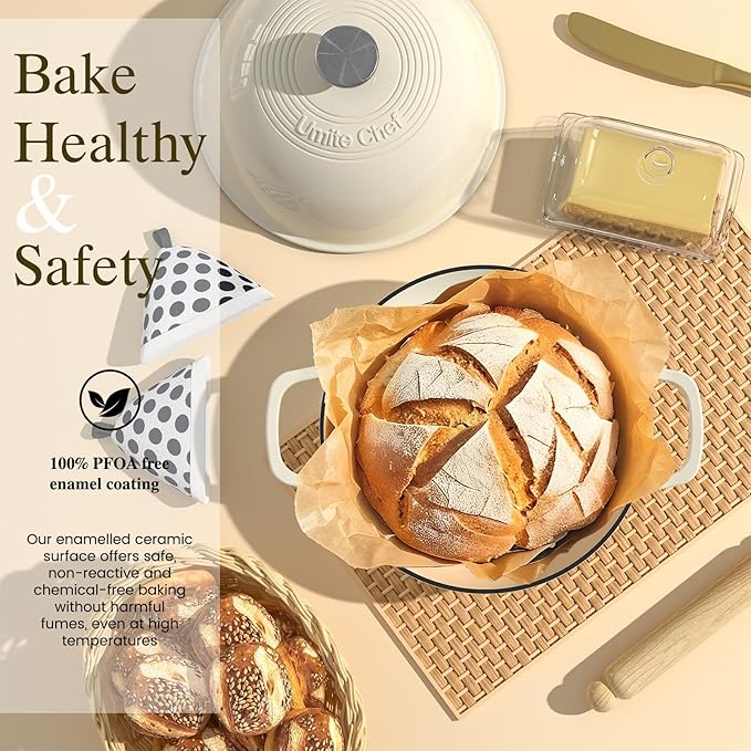Enameled Round Cast Iron Bread Oven, 6 Qt Cast Iron Dutch Oven for Homemade Sourdough Bread Baking, Bread Pot with Dome Lid & Cotton Potholders (Cream White) - Image 3