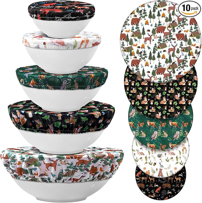 Patelai 10 Pcs Bowl Covers Reusable in 5 Size Stretch Cloth Fabric Elastic Food Storage Bowl Covers Bread Sourdough Lids for Proofing Food Fruits Leftover(Black, White, Brown, Green,Animal Style) by Patelai