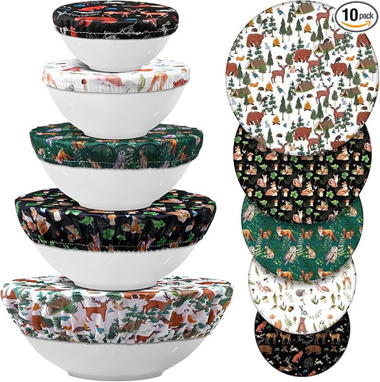 Patelai 10 Pcs Bowl Covers Reusable in 5 Size Stretch Cloth Fabric Elastic Food Storage Bowl Covers Bread Sourdough Lids for Proofing Food Fruits Leftover(Black, White, Brown, Green,Animal Style) by Patelai