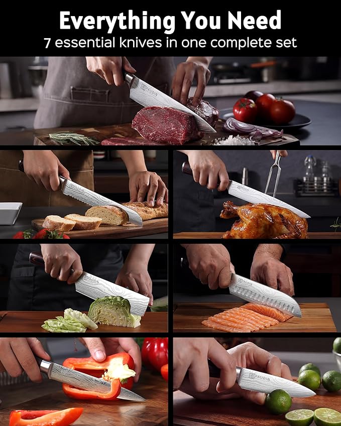 PAUDIN Chef Knife Set, 7 Pieces Kitchen Knife Set, High Carbon Stainless Steel, Ultra Sharp Knife Set, Professional Knives Set for Kitchen with Pakkawood Handle - Image 6