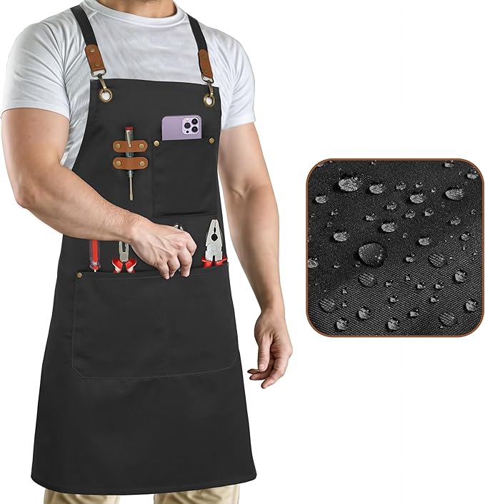 RUVANTI Work Aprons for Men, Oil & Water Repellent, PolyCotton Cross Back Aprons for Women with Pockets, Adjustable up to XXL, Chef Aprons for Cooking, Grilling, Welding, Woodworking - Black Aprons