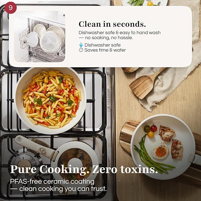 GOURMETIFIC® Pots and Pans Cookware Set [11 PIECES] - Non Toxic Ceramic Coated Cooking Ware - Induction, Gas & Oven Kitchenware - Non Stick Pot & Pan with Removable Handles & Stackable (Lavender)