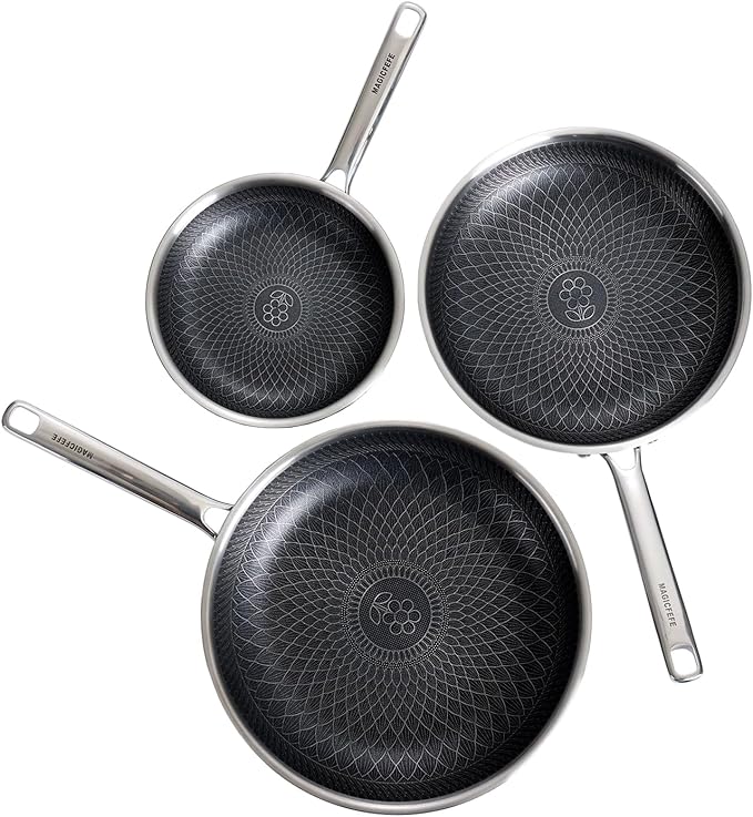 Non Stick Frying Pan without Lid, 8+10+12 Inch, Hybrid Frying Pans Set Nonstick, Skillets Stainless Steel Upgrade, Dishwasher & Oven-Safe, Induction Compatible, PFOA Free Cookware.