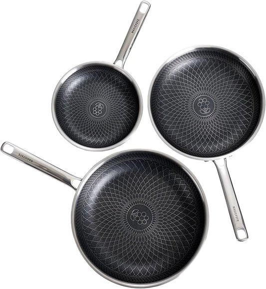 Non Stick Frying Pan without Lid, 8+10+12 Inch, Hybrid Frying Pans Set Nonstick, Skillets Stainless Steel Upgrade, Dishwasher & Oven-Safe, Induction Compatible, PFOA Free Cookware.