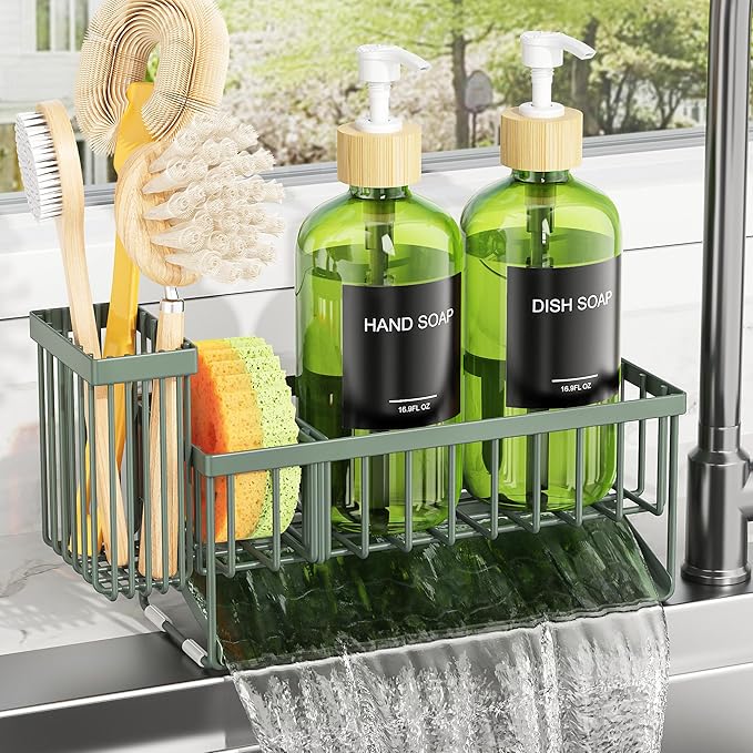 Cisily Sage Green Kitchen Dish Soap Dispenser, 16 fl Oz Dual Kitchen Soap Dispensers with Sponge Holder, Customized Stainless Steel Kitchen Soap Dispenser Set, Modern Hand and Dish Soap Bottle Set - Image 9
