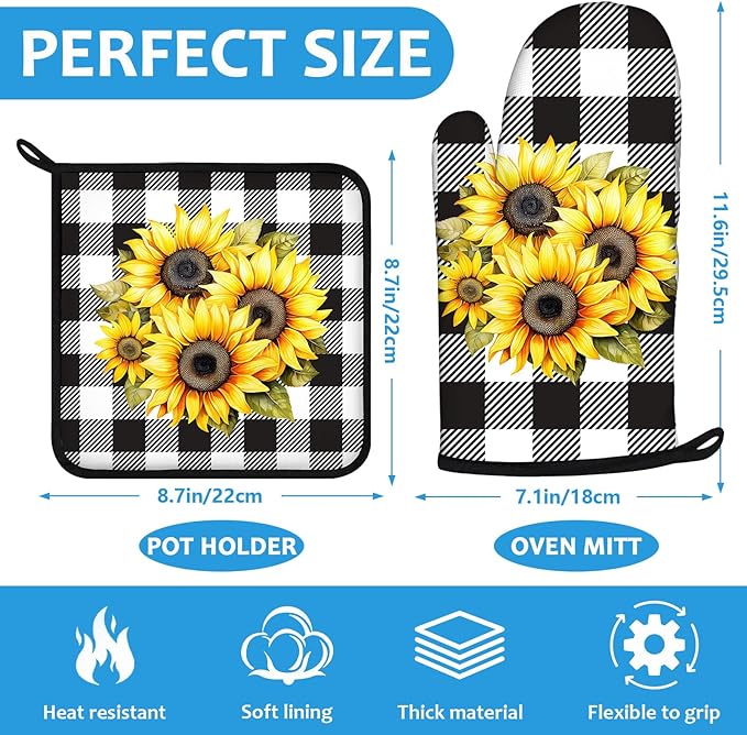 Sunflower Oven Mitts and Pot Holders Sets Heat Resistant 4Pcs Black White Buffalo Plaid Potholders Oven Gloves Hot Pads for Kitchen Baking Cooking Grilling BBQ