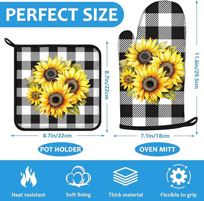 Sunflower Oven Mitts and Pot Holders Sets Heat Resistant 4Pcs Black White Buffalo Plaid Potholders Oven Gloves Hot Pads for Kitchen Baking Cooking Grilling BBQ