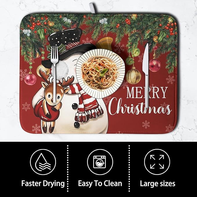 Christmas Dish Drying Mats for Kitchen Counter 16x18 Cute Snowman Red Dish Drying Pad for Dishes Winter Xmas Holiday Dish Draining Mat Absorbent Microfiber Dish Drainer Rack Mats - Image 4