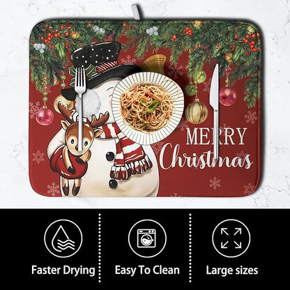 Christmas Dish Drying Mats for Kitchen Counter 16x18 Cute Snowman Red Dish Drying Pad for Dishes Winter Xmas Holiday Dish Draining Mat Absorbent Microfiber Dish Drainer Rack Mats - Image 4