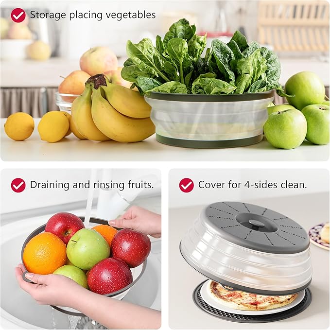 WVM Microwave Splatter Cover & Mat, Vented Collapsible Splatter Guard dish Plate lid & Silicone Round Kitchen Mat for Food, Meal Prep, Dark Grey - Image 5