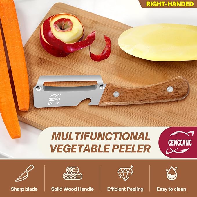 Multi-Functional Vegetable Peeler – Comfortable Wooden Handle with Sharp Stainless Steel Blade, Built-in Bottle Opener - Perfect Kitchen Peeler For Veggie, Fruit, Potato, Carrot, Apple - Image 2