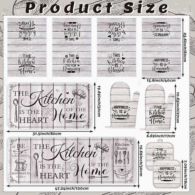 Fourluoo 10 Pcs Farmhouse Kitchen Decor and Accessories Set 4 Kitchen Towels 2 Pot Holders 2 Oven Mitts 2 Rugs for Cooking Baking Mom Housewarming Gifts (Unadorned Color,Stitched Wood Grain) - Image 3