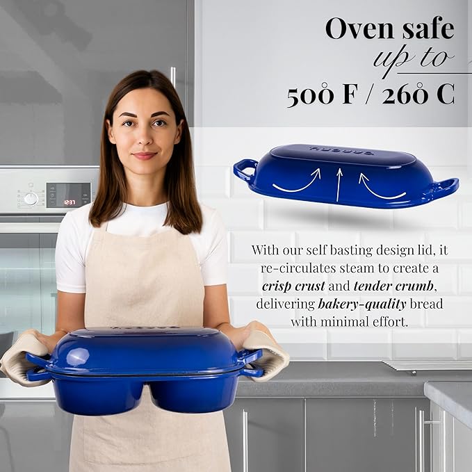 Dutch Oven For Sourdough Bread Baking – Enamelled Cast Iron Bread Loaf Pot – 500°F Oven Safe Non Stick Bread Pot – Double Round Loaf Space, 16.5cm Diameter, Dark Blue, – by Nuovva - Image 3