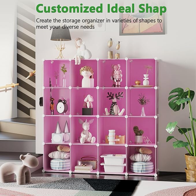C&AHOME Cube Storage Organizer, 16-Cube Shelves Units, Plastic Storage Cubes, DIY Closet Organizer, Modular Closet Storage Shelves Ideal for Home, Bedroom, 48.4" L × 12.4" W × 48.4" H Pink UPCS16P - Image 5