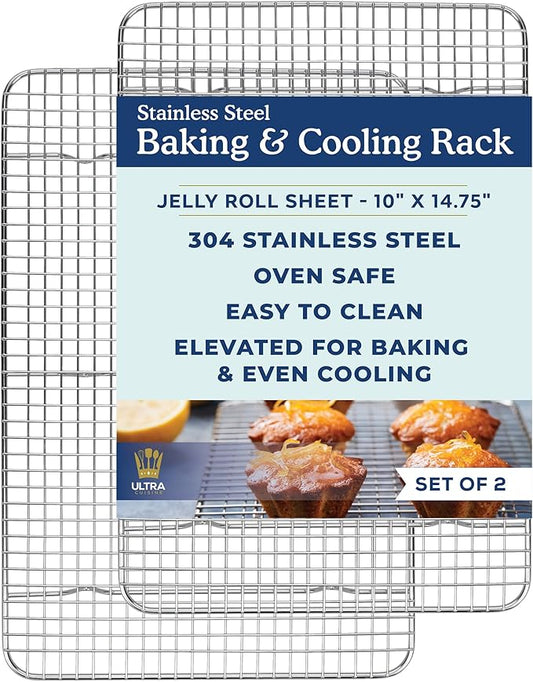 Ultra Cuisine Oven-Safe, Dishwasher-Safe 100% Stainless Steel Cooling & Baking Rack Set - Jelly Roll Sheet Pan Size - Heavy Duty - 10 x 14.7" - Set of 2 - Wire Cooling Racks for Baking & Cooking by UltraCuisine