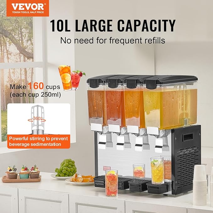 VEVOR Commercial Beverage Dispenser, 4 Tanks 10 L / 10.6 QT Per Tank Juice Dispenser, 430W Stainless Steel Ice Tea Drink Machine with 45°F-54°F Cooling Temperature, for Cold Drink Restaurant Bar Party - Image 2