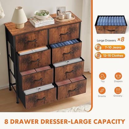 Sweetcrispy Dresser for Bedroom with 8 Storage Drawers, Large Fabric Storage Tower Organizer, Chest of Drawers with Metal Frame Wooden Top for Closet, Living Room, Entryway, Tank