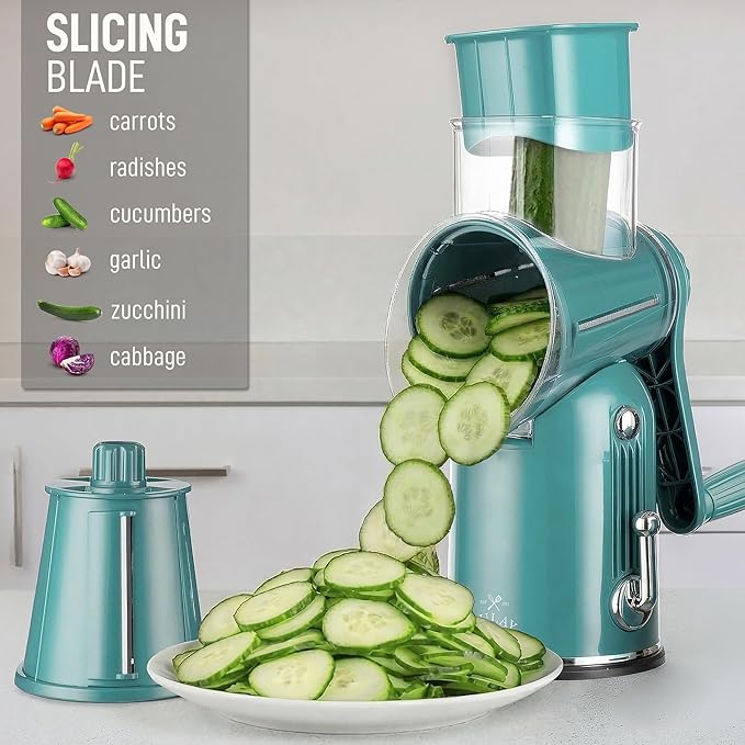 Zulay Kitchen Rotary Cheese Grater 5 Blade Cheese Shredder - Manual Hand Crank Cheese Grater With Reinforced Suction & 5 Interchangeable Drums - Easy to Use, Vegetable Chopper Round Mandoline Slicer - Image 5
