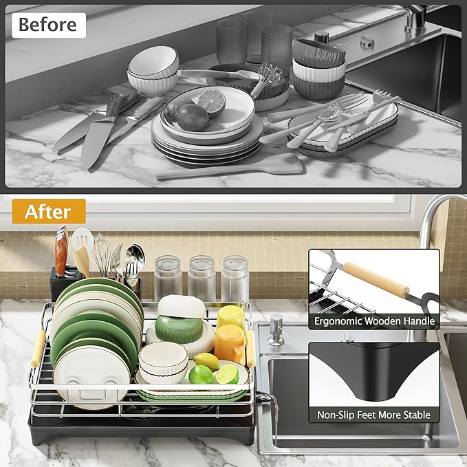 Epicano Dish Drying Rack for Kitchen Counter,Space-Saving Dish Rack,Rustproof Dish Drainer with Utensil Holder and Knife Slots for Sink,Kitchen Drying Rack with Wooden Handle and Cup Holder, Silver - Image 7