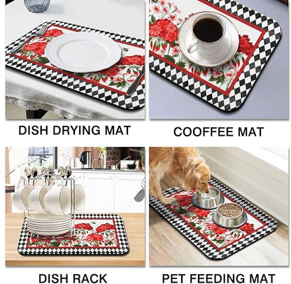 Dish Drying Mat for Kitchen Counter 2 Pack with Non-Slip Rubber Backing - Heat-Resistant Absorbent Coffee Bar Mat, Dish Rack Mat, Red Geranium Dish Drying Mats 18x24+19.5x12 inch