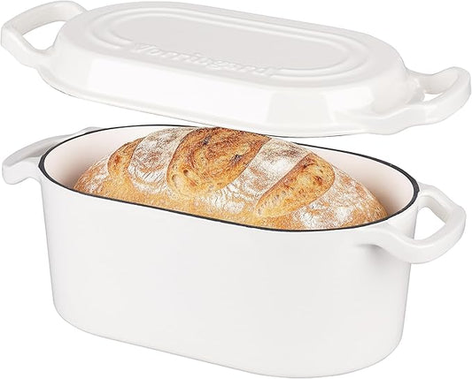 VORRINGARD Oval Dutch Oven Pot with Lid, Enamel Coating Cast Iron Bread Pans for Homemade Sourdough Bread Baking, Cooking, 4 Quart, White