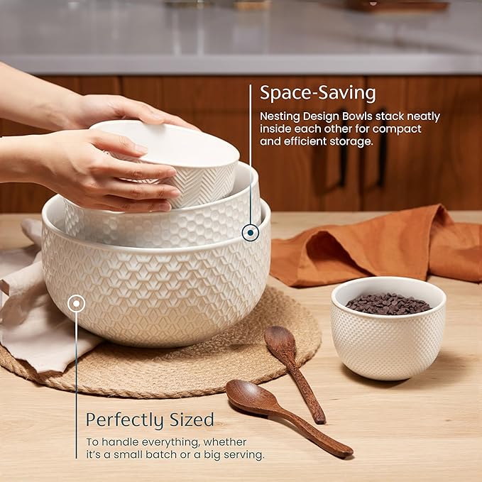 KooK Ceramic Mixing Bowls, Nesting Set of 4, Embossed Kitchen Dishware, Prep, Serving, Gift, Microwave and Dishwasher Safe, 20/44/98/145 oz, Narbonne Collection (Marshmallow) - Image 2