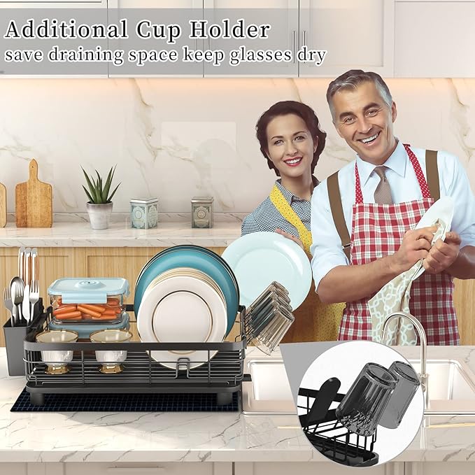 Godboat Dish Drying Rack, Dish Rack with Auto-Drain & Mat, Dish Drainers for Kitchen Counter, Glass Organizer for 4 Cups, 3 Slots Utensil Holder, Gifts for Women Mothers Day, Kitchen Gadgets & Decor - Image 6