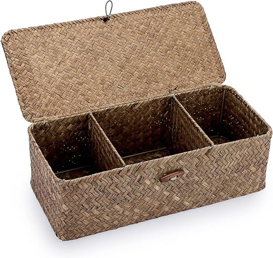 Hipiwe Storage Basket with Lid Toilet Tank Basket Holder Handwoven Wicker Basket Home Organizer Bin for Shelves Bathroom Closets Kitchen, Coffee