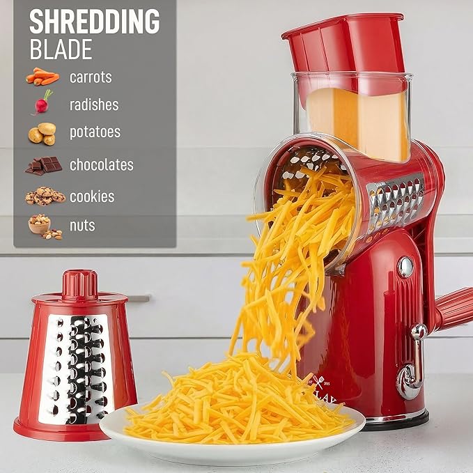 Zulay Kitchen Rotary Cheese Grater 5 Blade Cheese Shredder - Manual Hand Crank Cheese Grater With Reinforced Suction & 5 Interchangeable Drums - Easy to Use, Vegetable Chopper Round Mandoline Slicer - Image 3