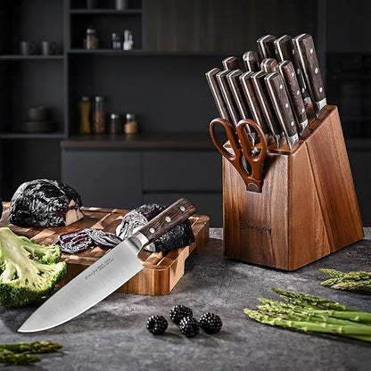 Knife Set, Emojoy 16-Piece Kitchen Knife Set with Block, Knife Block Set with Kitchen Shears and Sharpener, High Carbon German Steel(Natural Wenge)