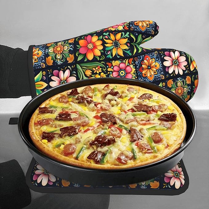 Mexican Oven Mitts and Pot Holders - Colorful Flowers Kitchen Mitt Sets of 2 Boho Oven Gloves Hot Pads for Cooking Baking Grilling - Image 7