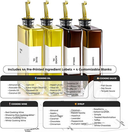 Spaceneat Olive Oil Dispenser Bottle - Includes 44 Kitchen Essential Labels - Cooking Oil Bottles for Kitchen, Coffee Syrup Dispenser - Pourer Spout with 11.8 fl oz Glass Container Cruet - 4pcs, Gold - Image 2
