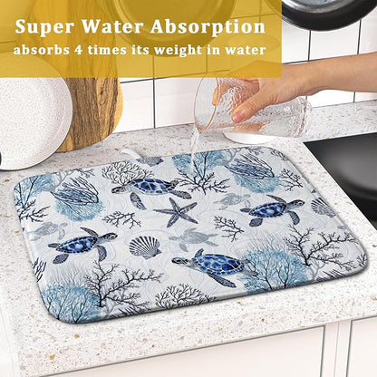 Giwawa 16"x18" Coastal Sea Turtles Dish Drying Mat Nautical Ocean Tortoise Coral Starfish Dish Drainer Mats for Kitchen Microfiber Reversible Dish Drying Rack Pad for Countertop Tabletop Decor