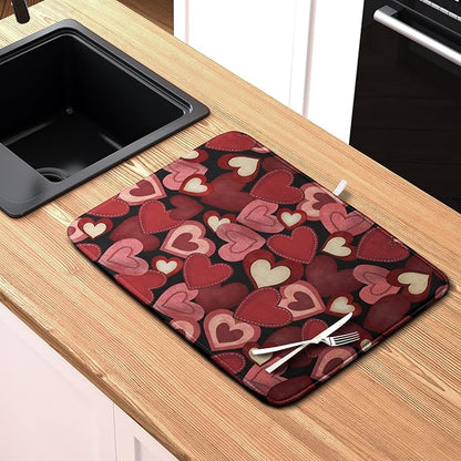 Valentine Dish Drying Mat for Kitchen Counter Red Black Love Heart Drying Pad Microfiber Absorbent Coffee Bar Mat Heat Resistant Countertop Protector Dishes Drainer Mat 16x18 Inch - Image 6