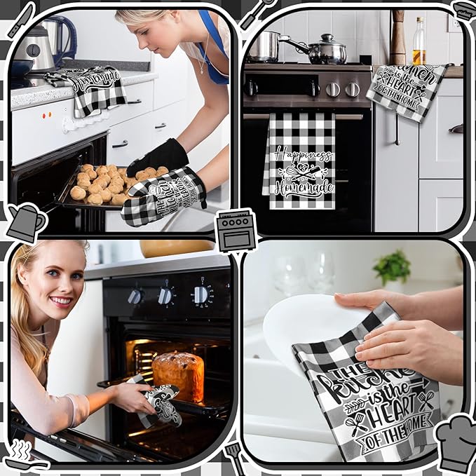 Sratte 6 Pcs Kitchen Decor Accessories Set Farmhouse Towels Pot Holders Oven Mitts Set 2 Dish Towels 2 Potholders 2 Cooking Mittens Oven Glove for Christmas Baking Cooking Supply(Black White,Kitchen) - Image 5