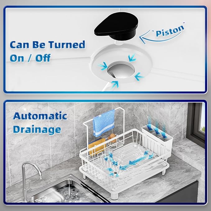 GAOKASE Dish Drying Rack, Stainless Steel-Dish Rack, Dish Racks for Kitchen Counter, Kitchen Dish Drainers with Removable Utensil Holder,New Drain Outlet,Plate Rack and Drainboard (White 3) - Image 2
