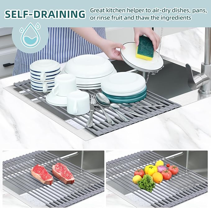 Ohuhu Dish Drying Rack Over The Sink, Roll Up Sink Rack 20.5" W x 13.1" L Rolling Dish Drainer Foldable Accessories Heat-Resistant Mat Anti-Slip Silicone Coated for Kitchen Counter - Image 2