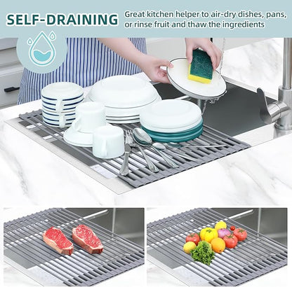 Ohuhu Dish Drying Rack Over The Sink, Roll Up Sink Rack 20.5" W x 13.1" L Rolling Dish Drainer Foldable Accessories Heat-Resistant Mat Anti-Slip Silicone Coated for Kitchen Counter - Image 2