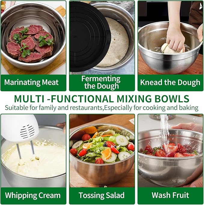 WEPSEN Mixing Bowls Set, 25PCS Stainless Steel Mixing Bowl with Lid Set, Large Nesting Bowls 7, 4.5, 3,2, 1.5QT, Measuring Cups and Spoons Baking Utensils Metal Bowl for Kitchen Prep - Image 8