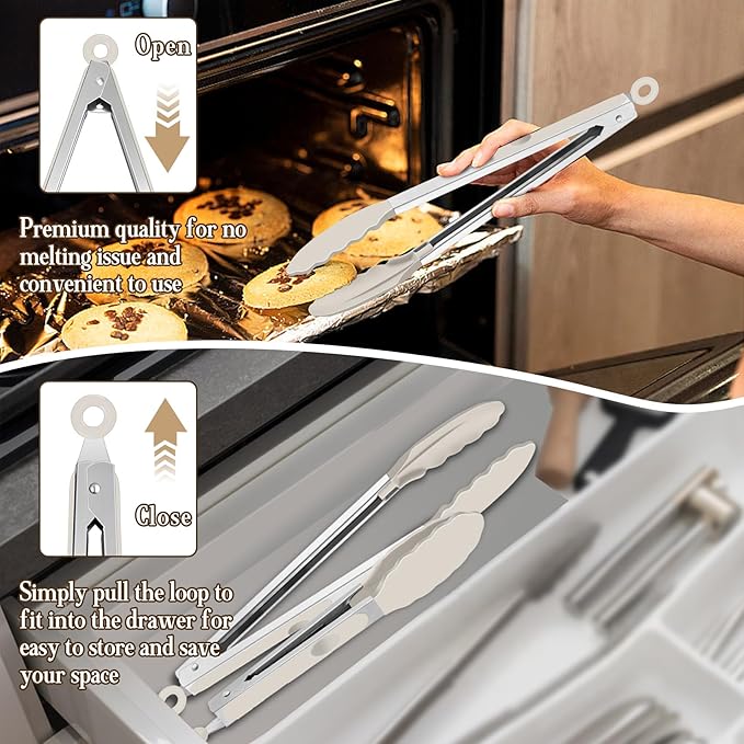 TeamFar Kitchen Tongs, 9" and 12" Stainless Steel Cooking Tongs with Silicone Tips for Cooking Grilling Serving & BBQ, Heat Resistant Silicone Tongs, Locking Design & Dishwasher Safe, Set of 2 & Khaki - Image 6