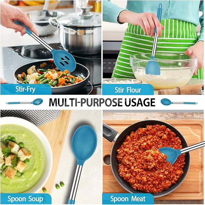 Pack of 4 Large Silicone Cooking Spatulas and Spoons, Slotted and Solid Stainless Steel Cooking Utensils Set, Non-stick Heat Resistant Kitchen for Baking, Fried, Stir-Fry, Mixing, Serving (Blue) - Image 5