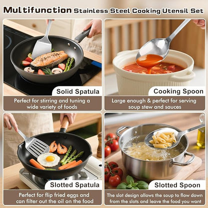 4 Pcs Cooking Utensils Set, Stainless Steel Kitchen Utensils, Heat Resistant Metal Kitchen Tools Include Solid & Slotted Turner Wok Spatula, Serving Spoon, Ergonomic Handle, Easy to Clean, Silver - Image 2