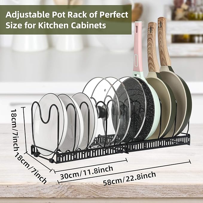 ROOHUA Pot Rack -Expandable Pan Organizer for Cabinet, Lid Holder with 10 Adjustable Compartment for Kitchen Cabinet Cookware Baking Frying Rack - Image 5