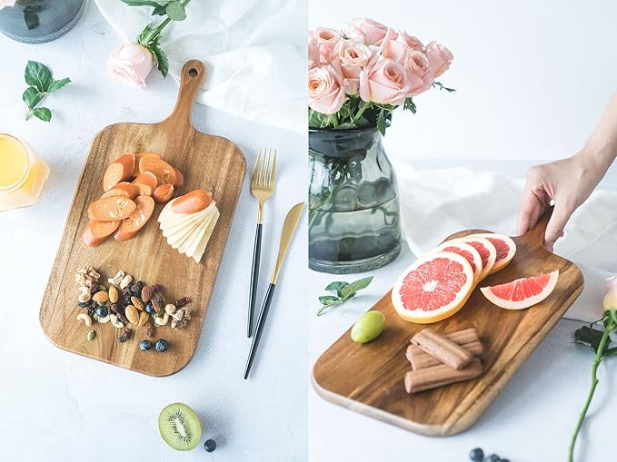 BILL.F Acacia Wood Cutting Board with Handle Wooden Charcuterie Board Paddle Cheese Board Serving Boards for Kitchen Meat, Pizza,Cheese, Bread, Vegetables &Fruits 15'' x 7.5'' x 0.6'' - Image 6
