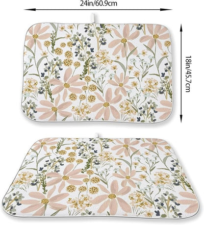 Floral Dish Drying Mat 18x24 Inch Vintage Pink Green Daisy Flower Drying Mat Boho Spring Summer Seasonal Absorbent Dish Drying Pad Dish Rack Drainer Mats for Kitchen Dining Counter