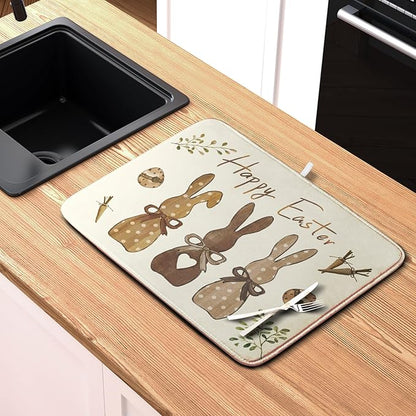Happy Easter Bunny Dish Drying Mat Rabbits Egg Carrot Dish Pad for Kitchen Counter 16x18 Inch Microfiber Absorbent Spring Bufflao Plaid Dish Draining Mat Reusable Washable Dish Drainer Rack Mat - Image 6