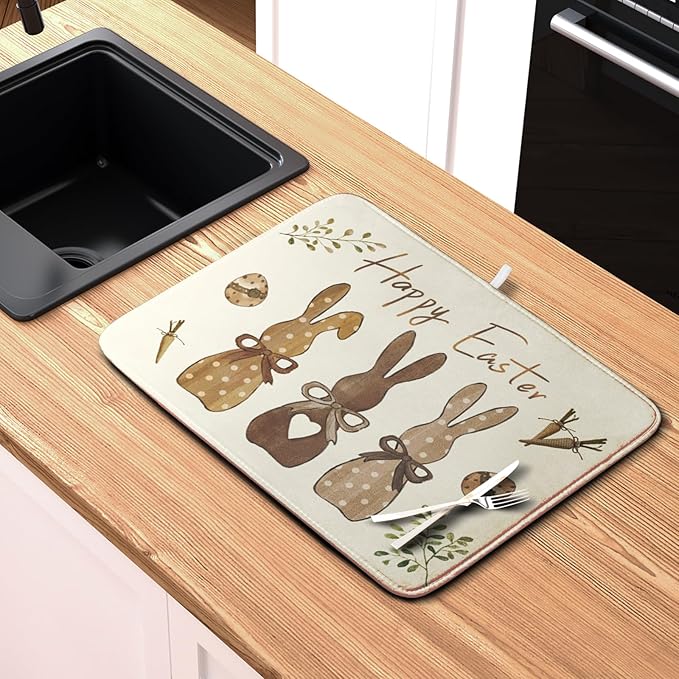 Happy Easter Bunny Dish Drying Mat Rabbits Egg Carrot Dish Pad for Kitchen Counter 18x24 Inch Microfiber Absorbent Spring Bufflao Plaid Dish Draining Mat Reusable Washable Dish Drainer Rack Mat - Image 6