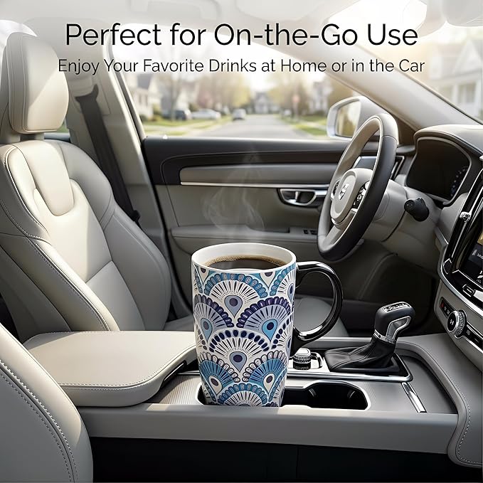 Topadorn Ceramic Travel Mug with Lid and Handle Ceramic Coffee Mug Ceramic Latte Teacup in Color Box 17 Oz, Splash Resistant Lid - To Go Tumbler for Car Cup Holder, Blue