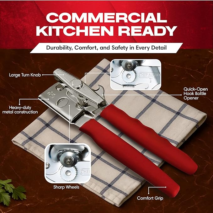 Chef-Master Commercial Can Opener, Multi-Purpose Can-Opener Manual, Easy Turn Anti-slip Grip Knobs, Sharp Cutting Discs, Manual Handheld With Soft Handle for Large Cans & Kitchen Use -90226 - Image 2