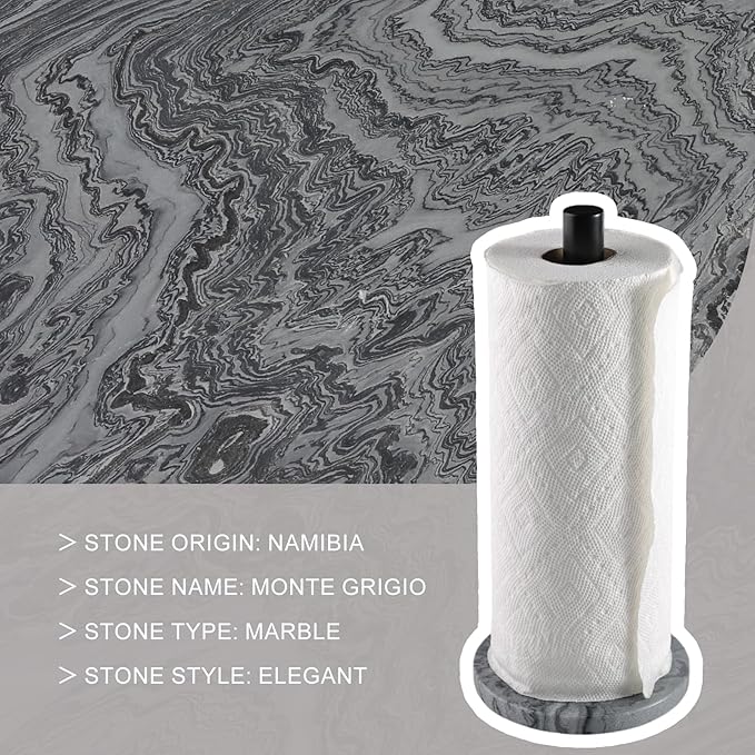 Koville African Marble Base Paper Towel Holder Countertop, Metal Rod 6" Marble Base Paper Towel Holder Stand for Kitchen Organization and Storage, Fit for Standard Size Rolls - Image 3